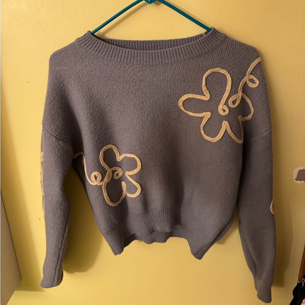 Grey Blue Embroidered Sweater Floral design